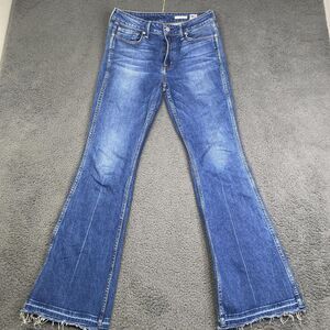NOEND Denim Jeans Womens 28 Blue Flare Made USA Distressed Raw Hem Stretch